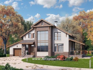 Проекты домов Альфаплан - «Регата» - комфортный дом в стиле шале с террасой и гаражом - превью основного изображения