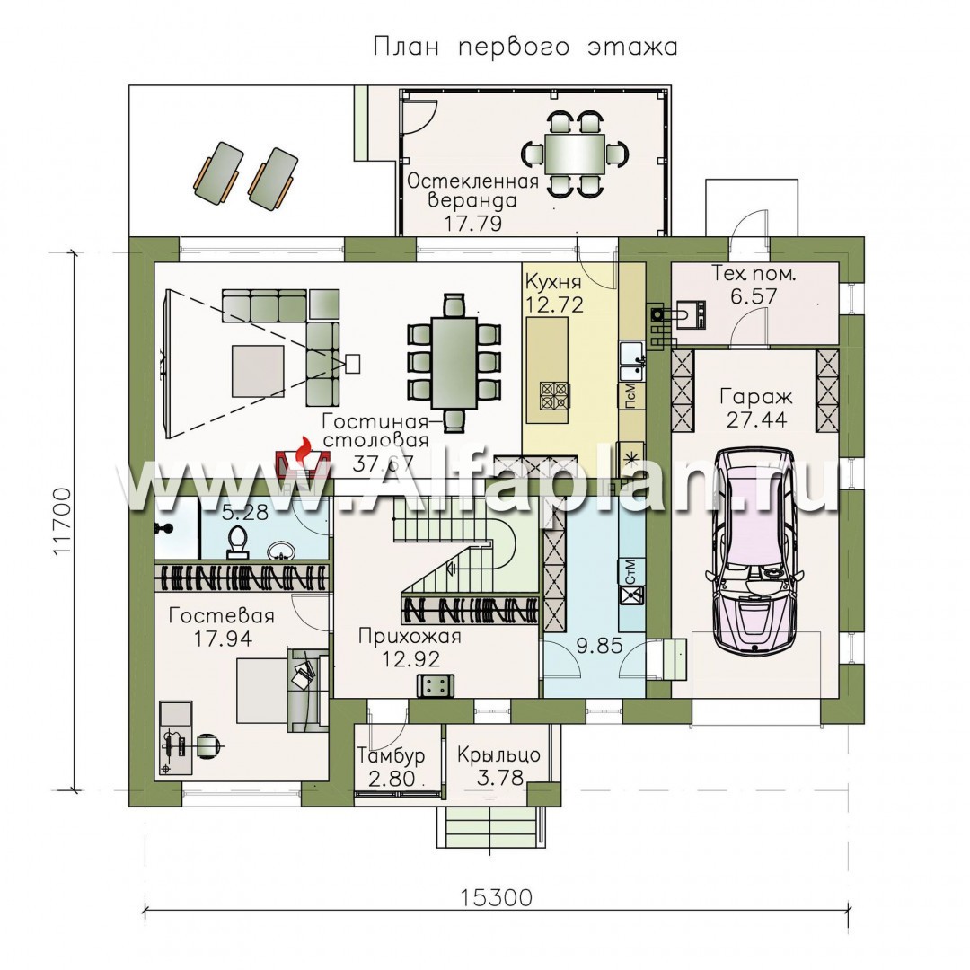 Проекты домов Альфаплан - «Седьмая высота» - стильный коттедж с гаражом и просторной верандой - изображение плана проекта №1