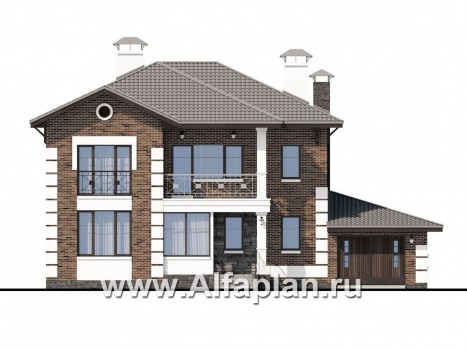 Проекты домов Альфаплан - «Седьмая высота» - стильный коттедж с гаражом и просторной верандой - превью фасада №1