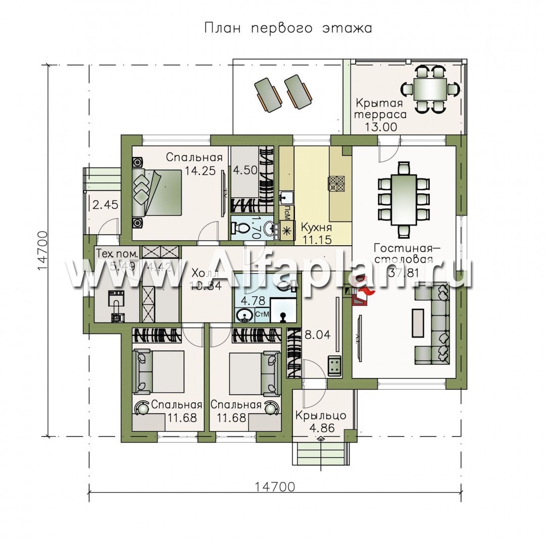 Проекты домов Альфаплан - «Выбор удачи» - современный стильный одноэтажный дом из кирпичей или блоков - изображение плана проекта №1