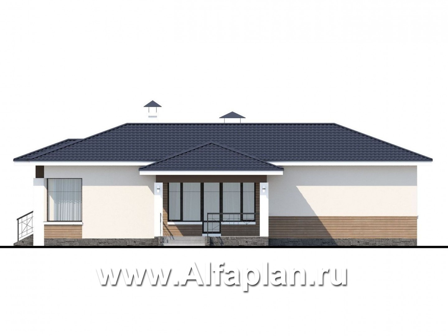 Проекты домов Альфаплан - «Пассия» - одноэтажный коттедж с гаражом и террасой - изображение фасада №2