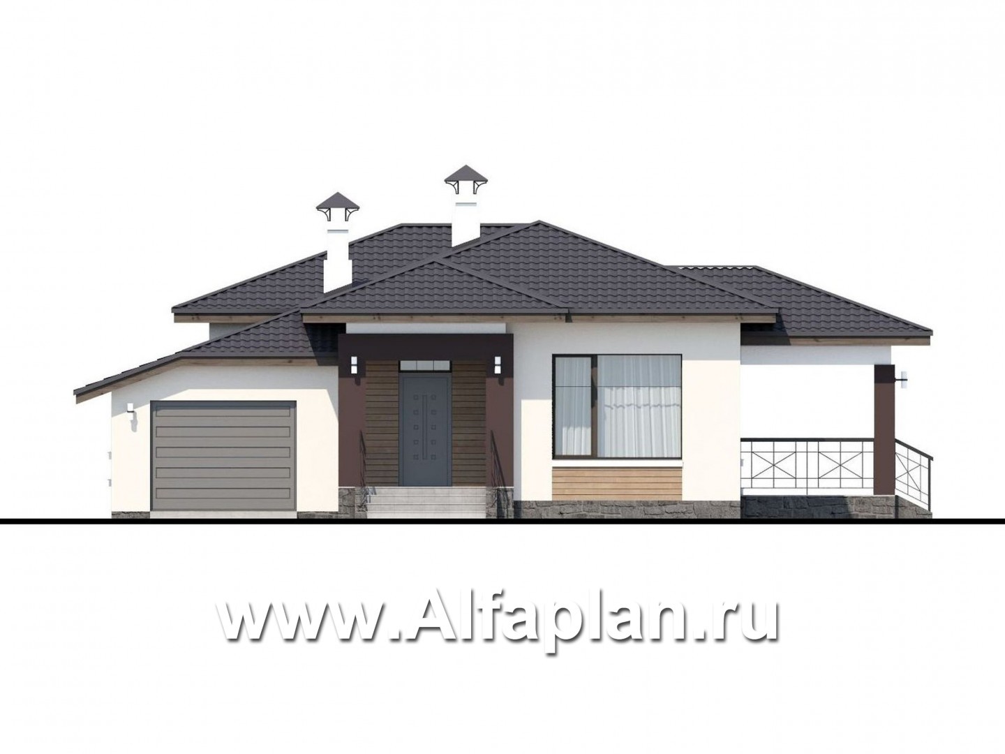 Проекты домов Альфаплан - «Пассия» -  проект одноэтажного дома, с террасой и с гаражом - изображение фасада №1