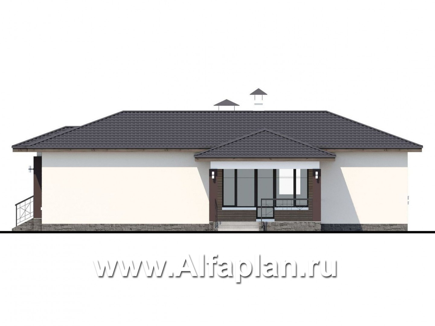 Проекты домов Альфаплан - «Пассия» -  проект одноэтажного дома, с террасой и с гаражом - изображение фасада №2