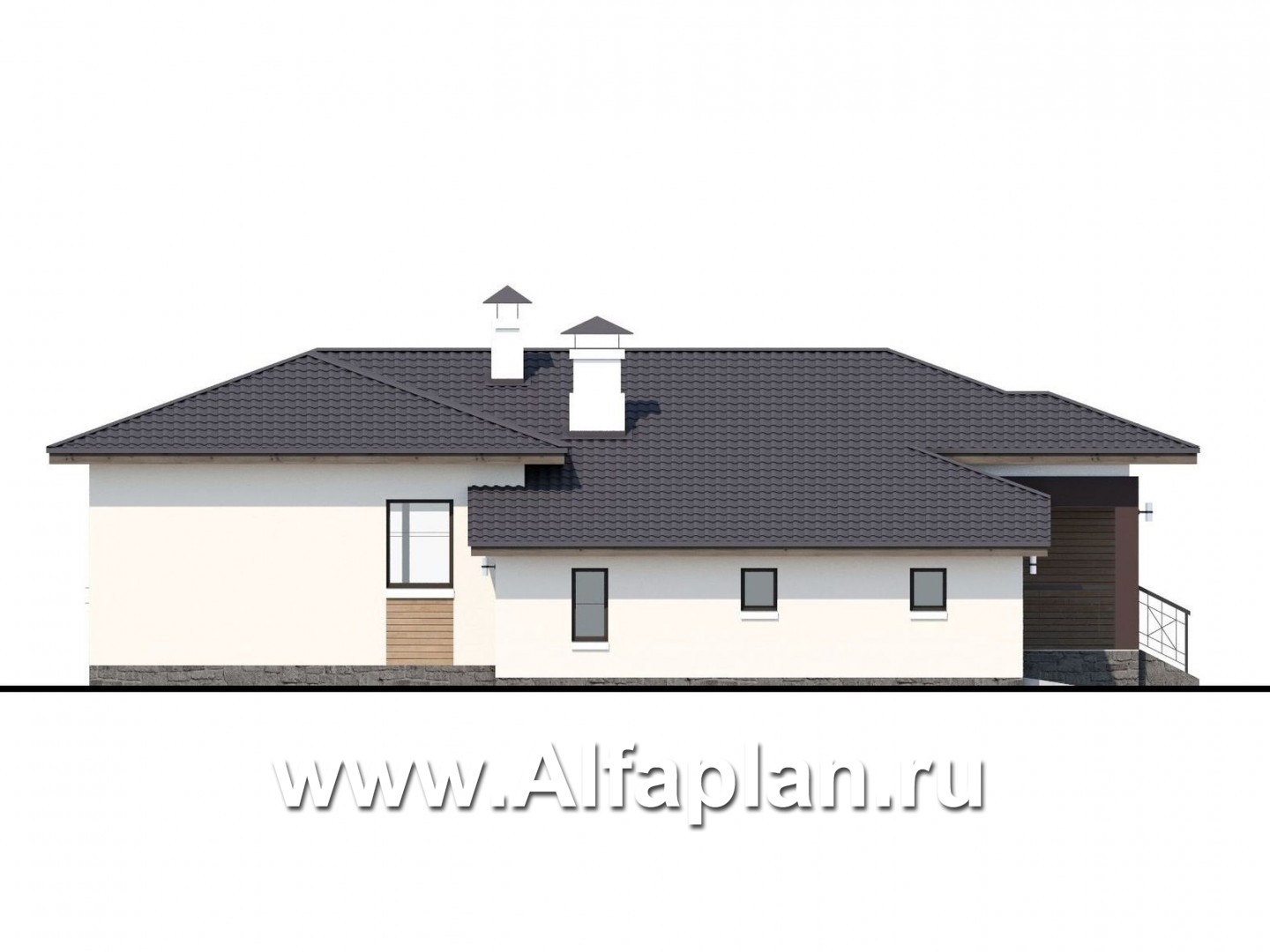 Проекты домов Альфаплан - «Пассия» -  проект одноэтажного дома, с террасой и с гаражом - изображение фасада №3