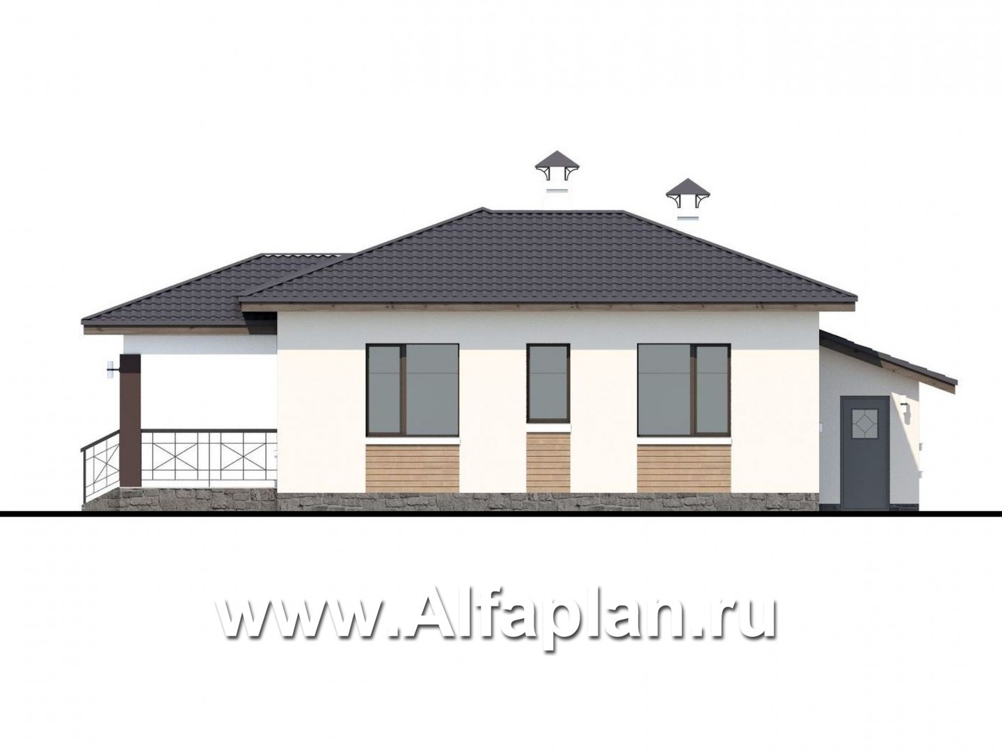 Проекты домов Альфаплан - «Пассия» -  проект одноэтажного дома, с террасой и с гаражом - изображение фасада №4