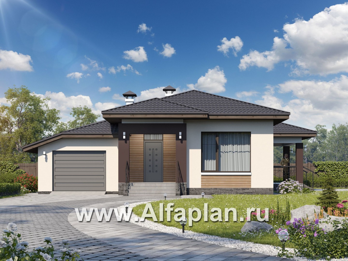 Проекты домов Альфаплан - «Пассия» -  проект одноэтажного дома, с террасой и с гаражом - основное изображение