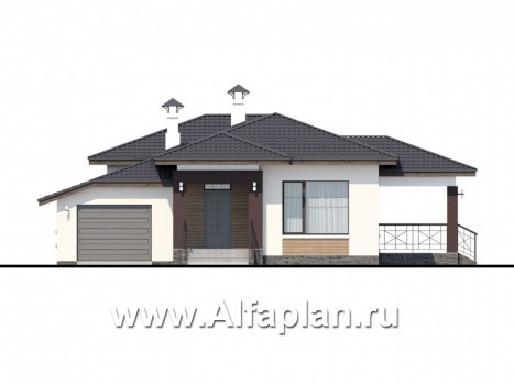 Проекты домов Альфаплан - «Пассия» -  проект одноэтажного дома, с террасой и с гаражом - превью фасада №1