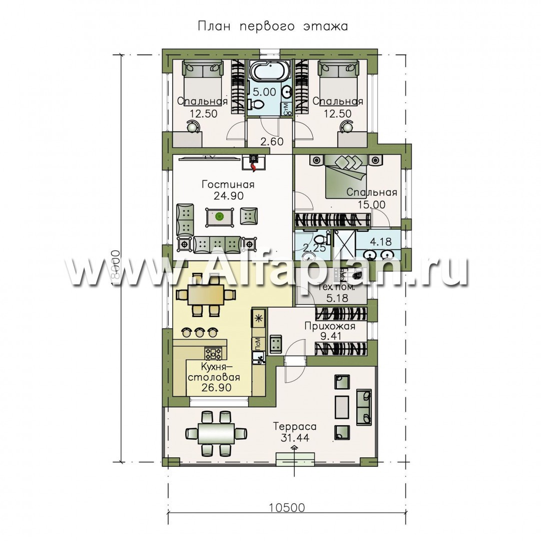 Проекты домов Альфаплан - «Терпсихора» - современный одноэтажный коттедж с террасой - изображение плана проекта №1