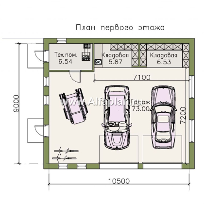 Проект гаража на 2 крупноразмерных автомобиля, планировка с котельной - превью план дома