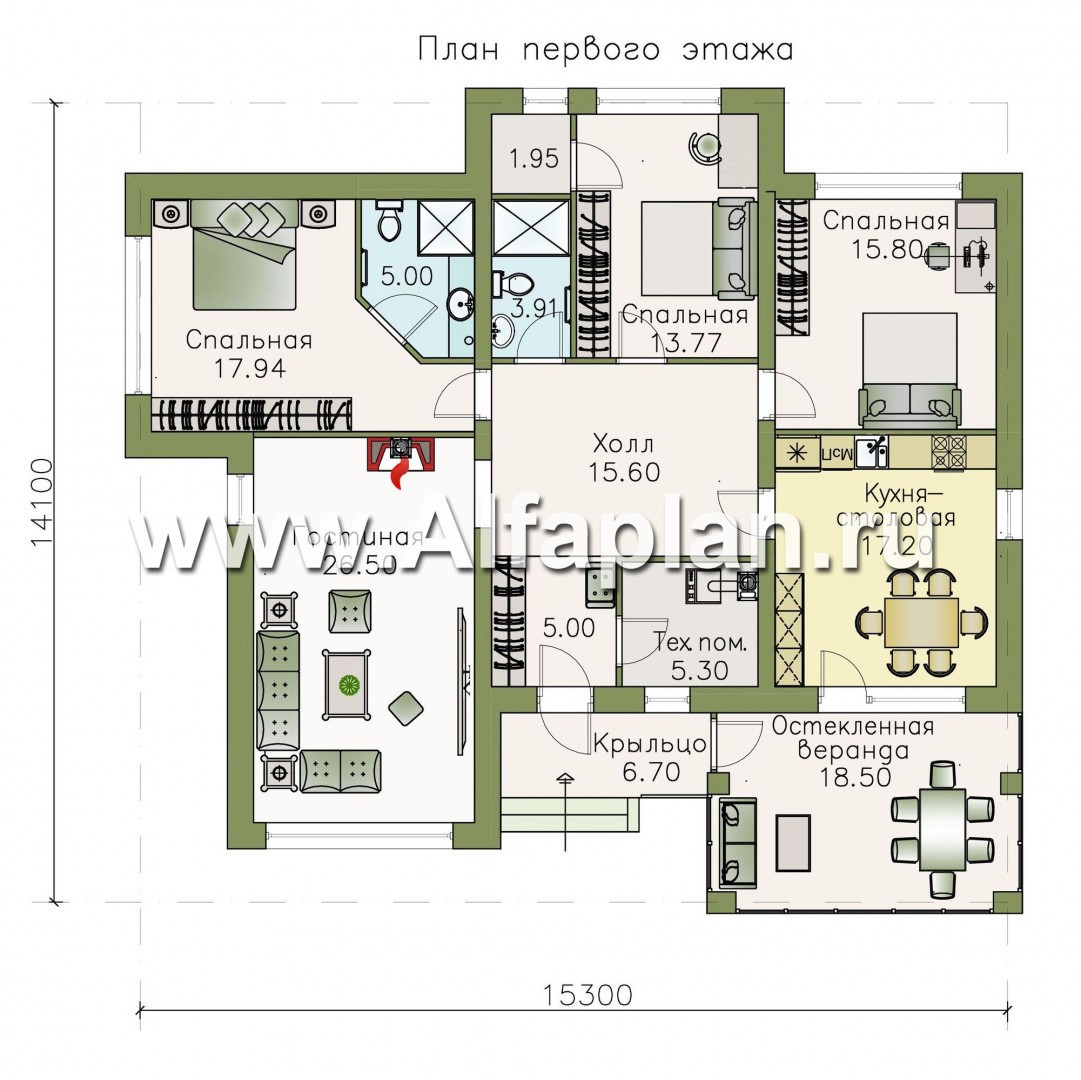 Проекты домов Альфаплан - «Аонида» - одноэтажный коттедж с остекленной верандой - план проекта №1