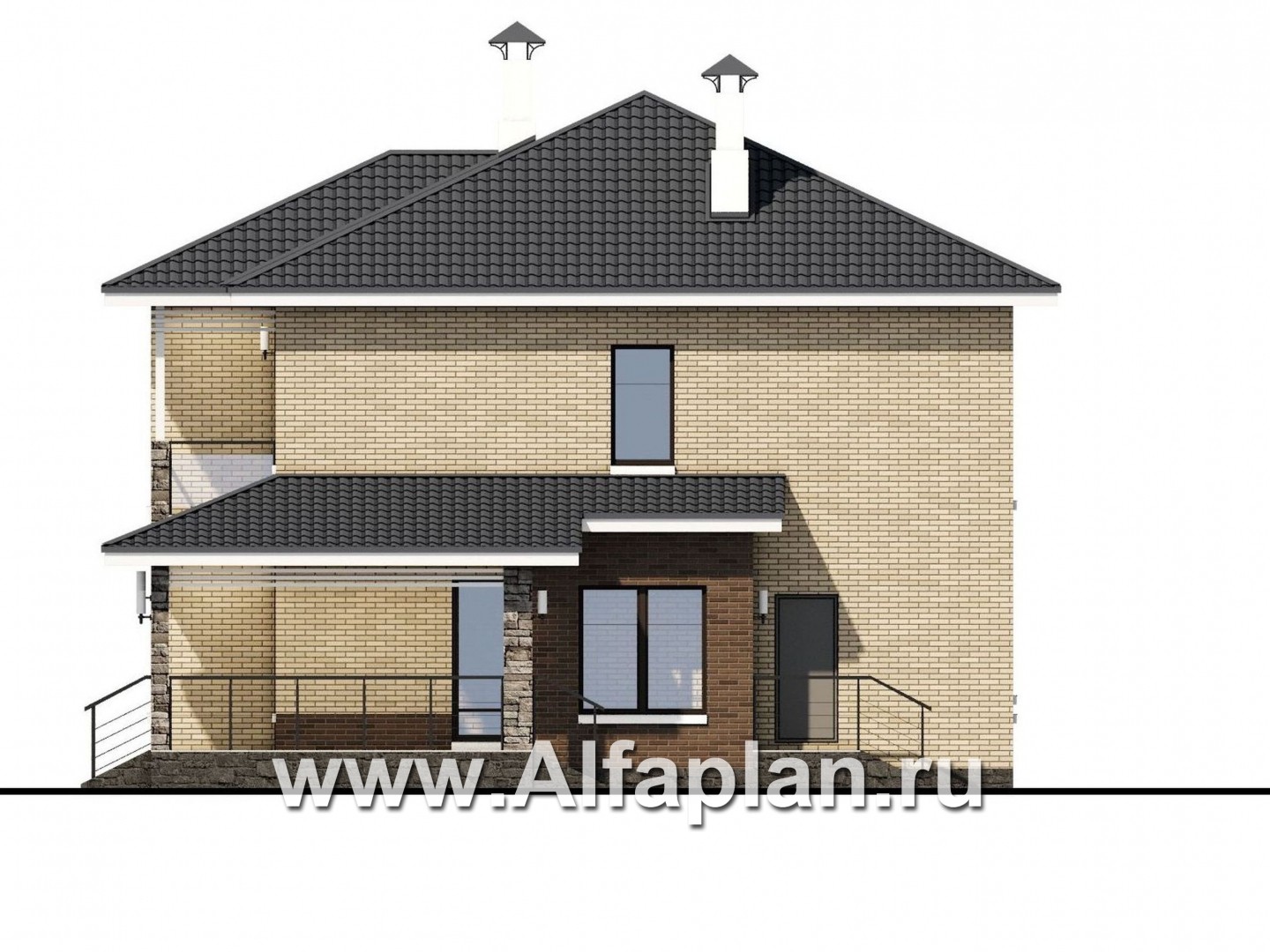 Проекты домов Альфаплан - «Роман с камнем» — двухэтажный коттедж с террасой при входе - изображение фасада №2