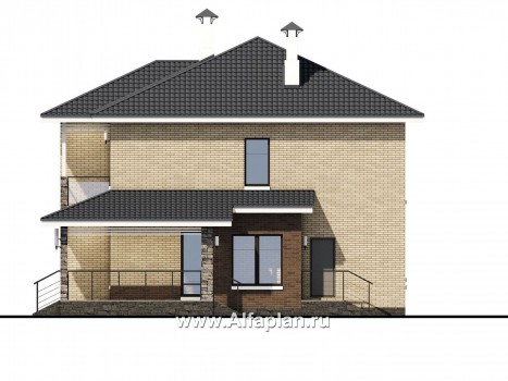 Проекты домов Альфаплан - «Роман с камнем» — двухэтажный коттедж с террасой при входе - превью фасада №2