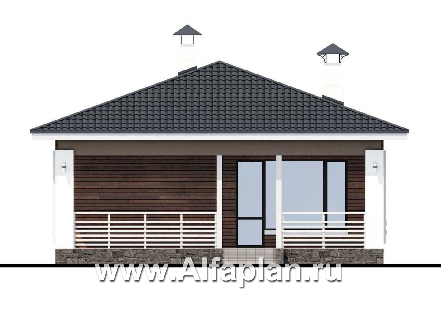 Проекты домов Альфаплан - «Каллиопа» - одноэтажный дом для узкого участка с тремя спальнями - изображение фасада №4