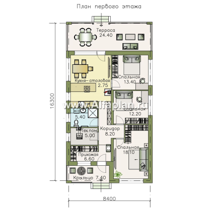Проекты домов Альфаплан - «Каллиопа» - одноэтажный дом для узкого участка с тремя спальнями - превью плана проекта №1