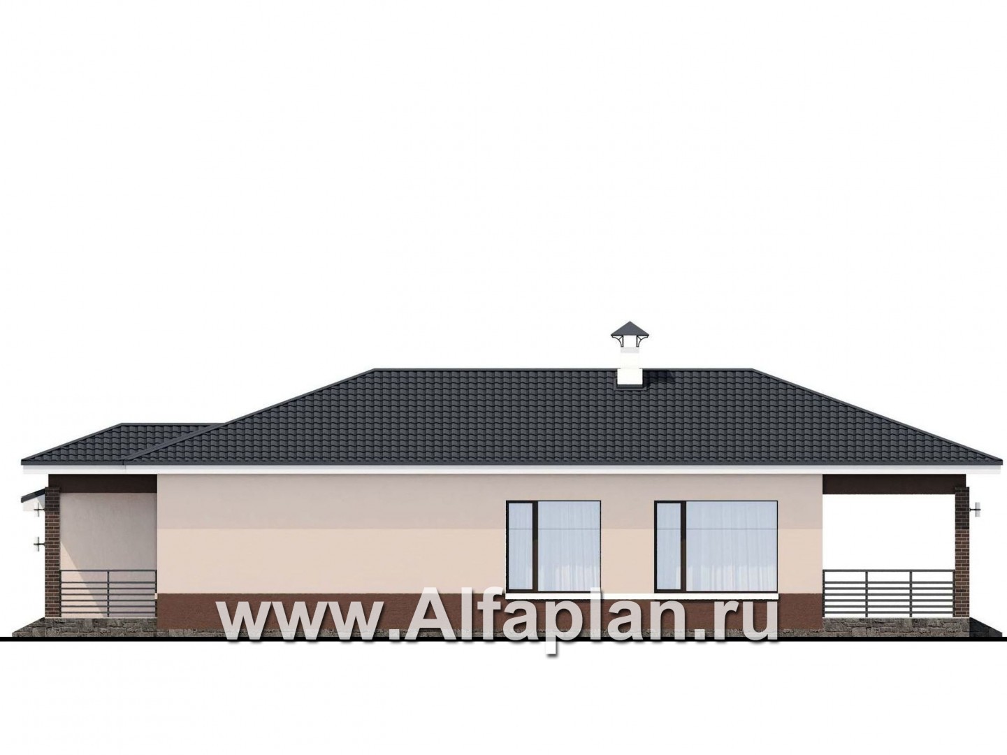 Проекты домов Альфаплан - «Каллиопа» - проект одноэтажного дома, 3 спальни, с террасой и с гаражом, в современном стиле - изображение фасада №2