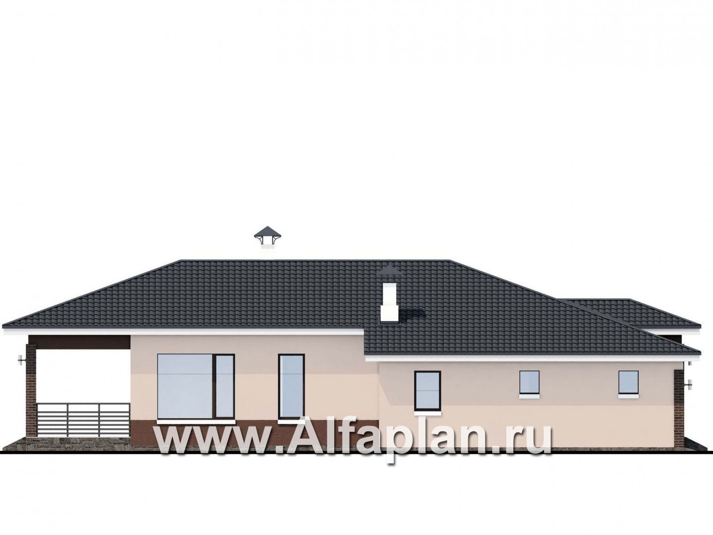 Проекты домов Альфаплан - «Каллиопа» - проект одноэтажного дома, 3 спальни, с террасой и с гаражом, в современном стиле - изображение фасада №3