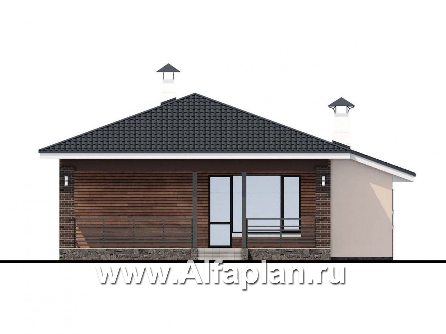 Проекты домов Альфаплан - «Каллиопа» - проект одноэтажного дома, 3 спальни, с террасой и с гаражом, в современном стиле - изображение фасада №4