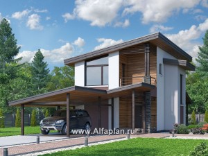 Превью проекта ««Арс» - проект двухэтажного дома, с террасой и с балконом,  для узкого участка, навес на 1 авто»