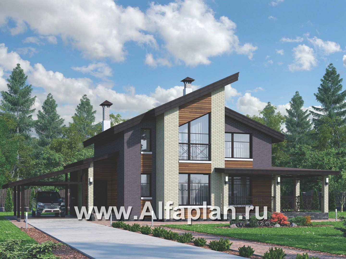 Проекты домов Альфаплан - 792В - «Стимул» - проект стильного двухэтажного дома с гаражом-навесом - основное изображение