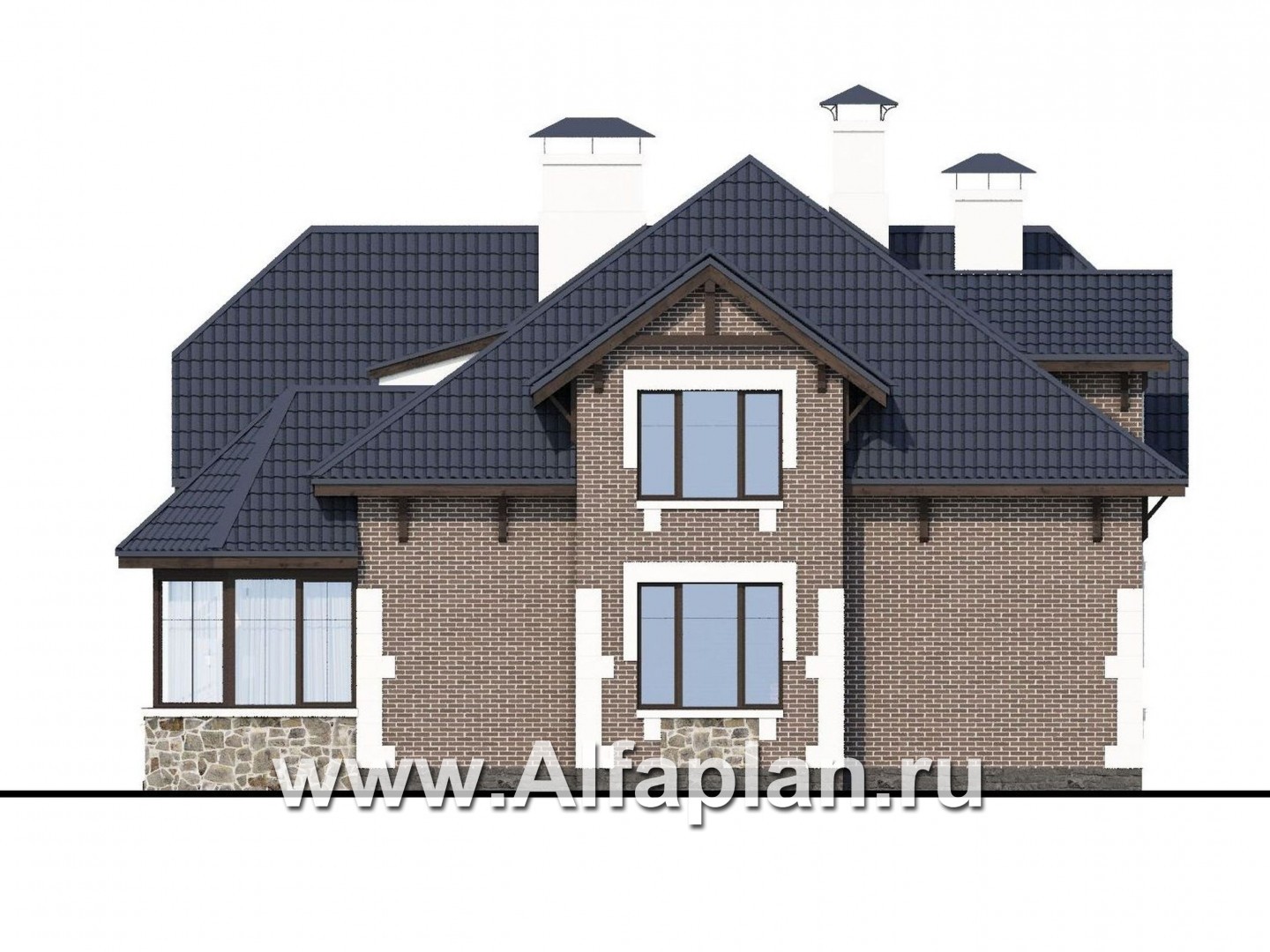 Проекты домов Альфаплан - «Корона» - коттедж с гаражом, навесом и красивым эркером - изображение фасада №2