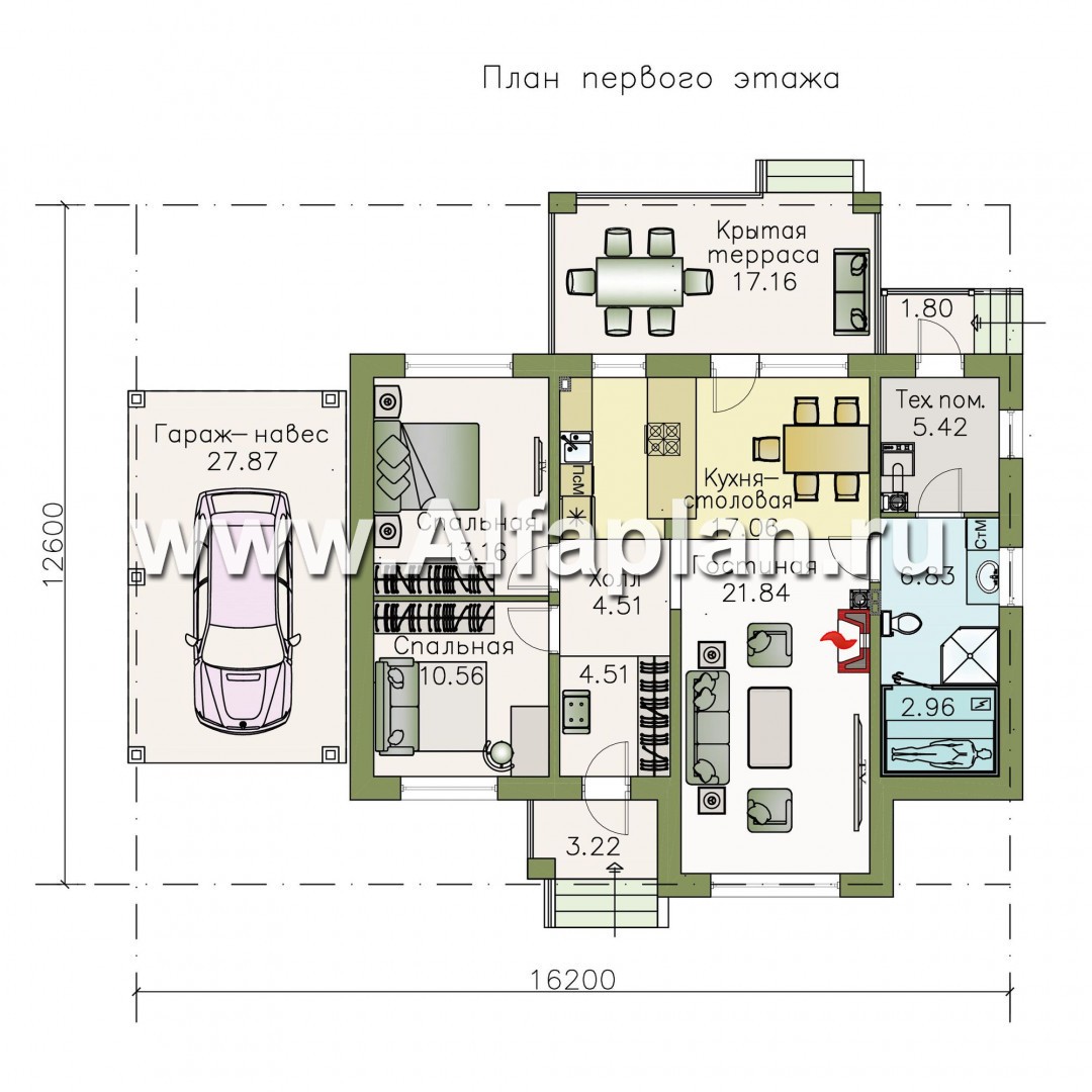 Проекты домов Альфаплан - «Княженика» - экономичный одноэтажный дом с навесом для машины - план проекта №1