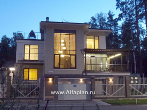 Проекты домов Альфаплан - «Три  семерки» - проект трехэтажного дома, гараж в цоколе, второй свет и панорамные окна, современный дизайн дома - превью основного изображения