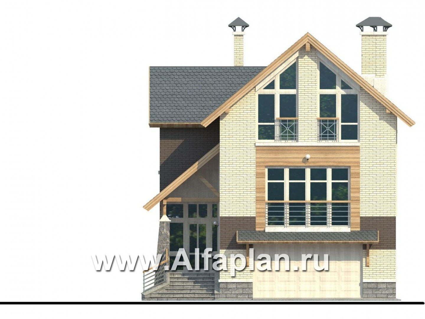 Проекты домов Альфаплан - «Экспрофессо» - проект трехэтажного дома, с гаражом и сауной, цокольный этаж на уровне земли - изображение фасада №1