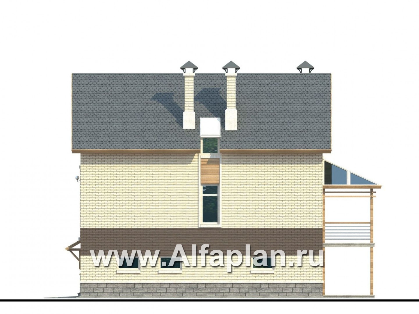 Проекты домов Альфаплан - «Экспрофессо» - проект трехэтажного дома, с гаражом и сауной, цокольный этаж на уровне земли - изображение фасада №3