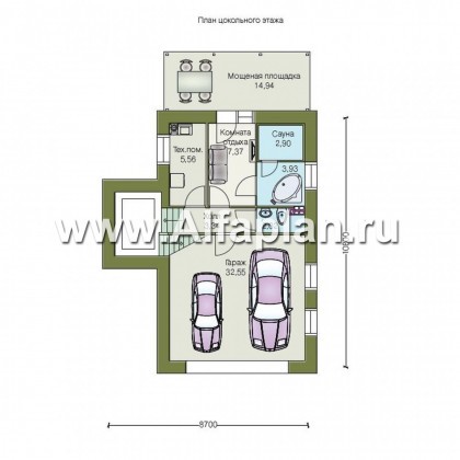 Проекты домов Альфаплан - «Экспрофессо» - проект трехэтажного дома, с гаражом и сауной, цокольный этаж на уровне земли - превью плана проекта №1