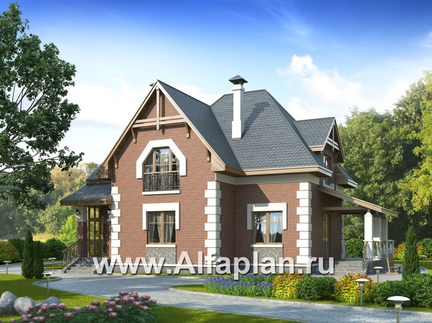 Проекты домов Альфаплан - «Клио» - коттедж из газобетона с угловой террасой - основное изображение