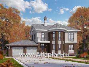Проекты домов Альфаплан - «Классический»- двухэтажный особняк с эркером и большим гаражом - превью основного изображения