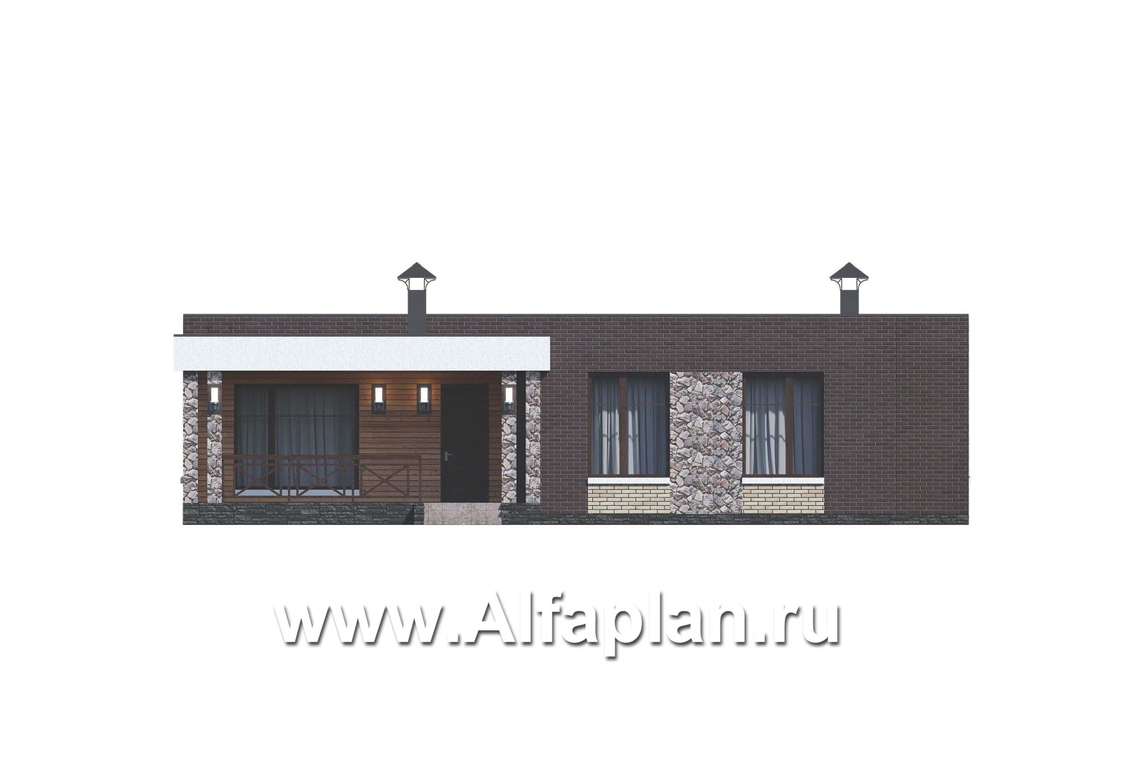 Проекты домов Альфаплан - «Риверсайд» - стильный одноэтажный коттедж с мастер-спальней - изображение фасада №1