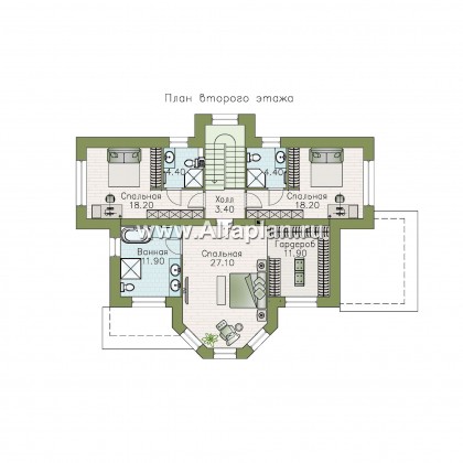 Проекты домов Альфаплан - «Меркурий» - классический двухэтажный дом с мастер-спальней в эркере - превью плана проекта №2