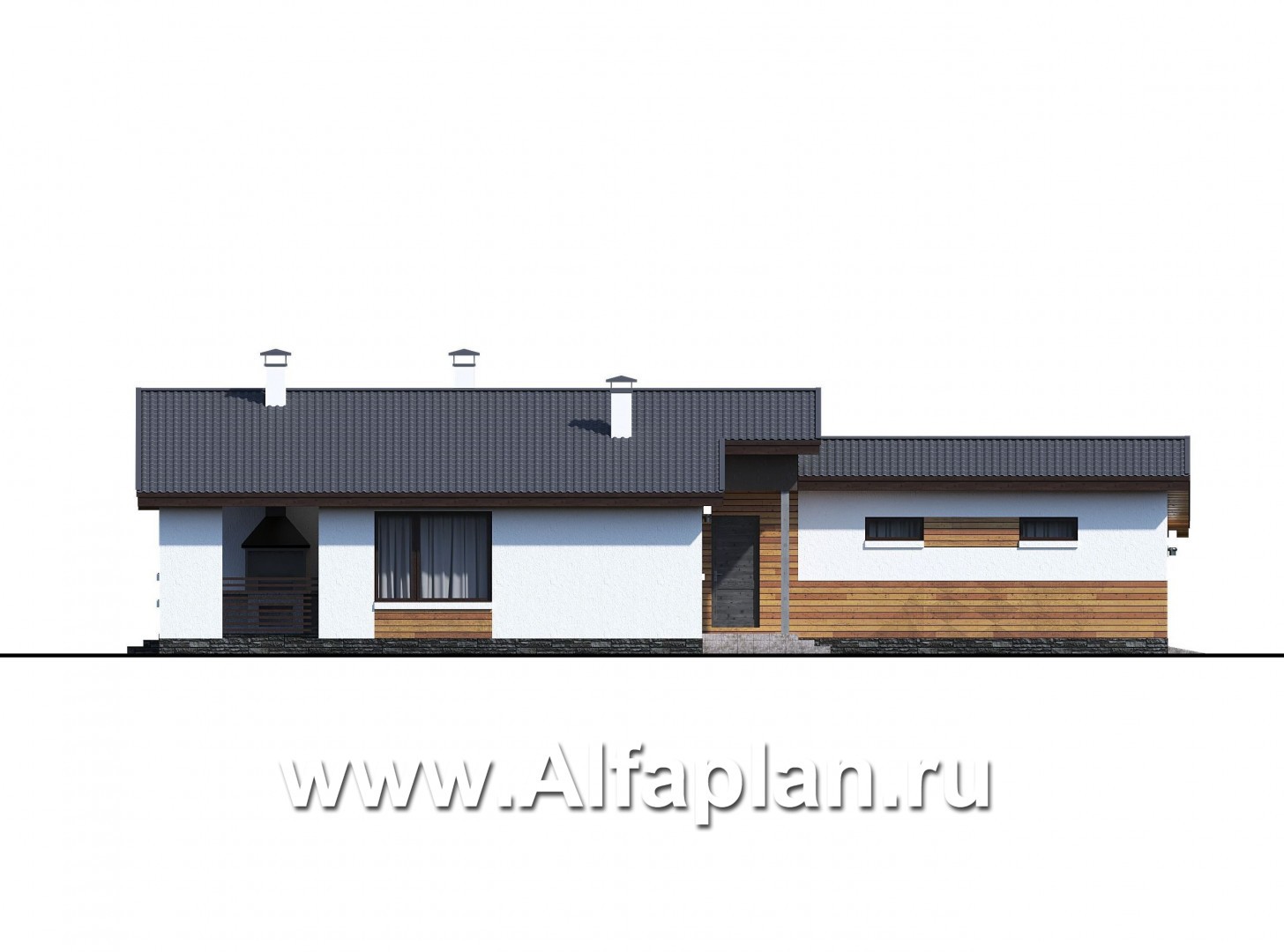 Проекты домов Альфаплан - «Калисто» - проект одноэтажного дома,  в скандинавском стиле, с гаражом на 2 авто - изображение фасада №2