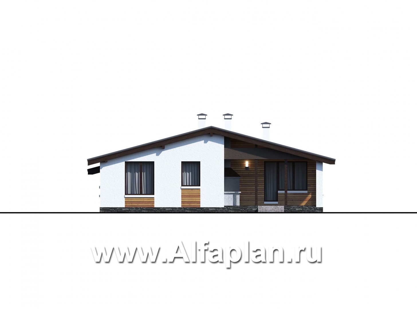 Проекты домов Альфаплан - «Калисто» - проект одноэтажного дома,  в скандинавском стиле, с гаражом на 2 авто - изображение фасада №3