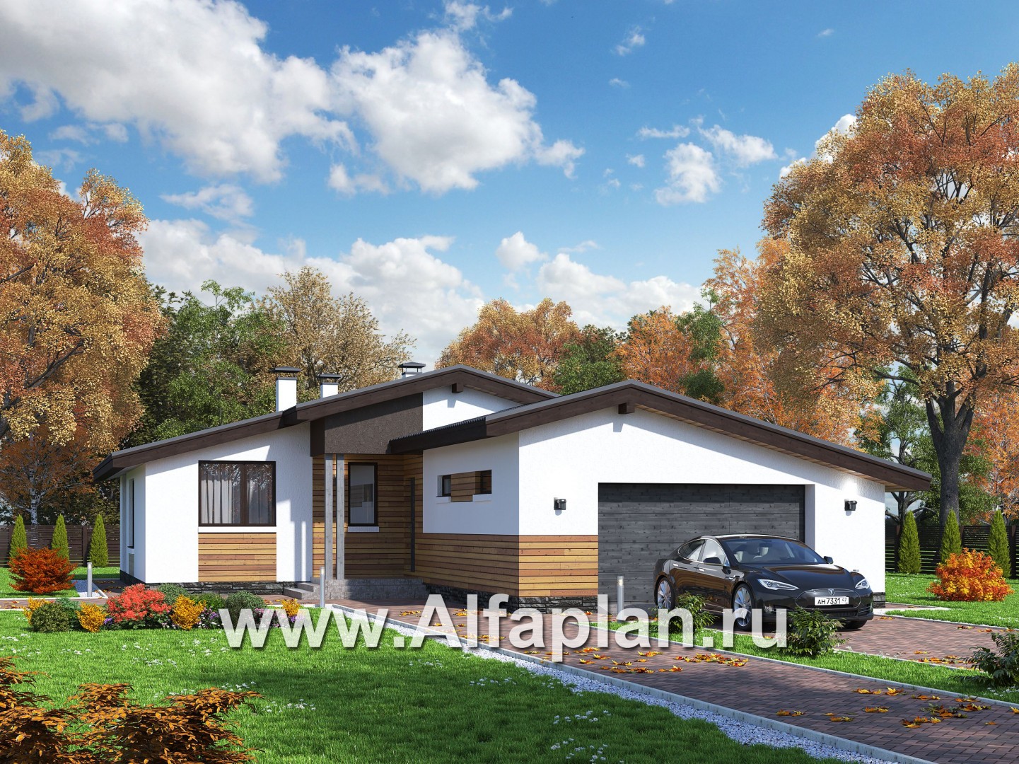 Проекты домов Альфаплан - «Калисто» - проект одноэтажного дома,  в скандинавском стиле, с гаражом на 2 авто - основное изображение