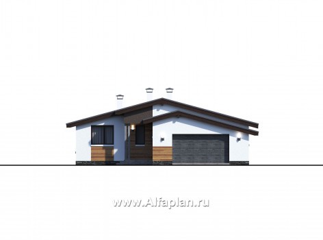 Проекты домов Альфаплан - «Калисто» - проект одноэтажного дома,  в скандинавском стиле, с гаражом на 2 авто - превью фасада №1