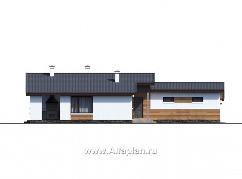 Проекты домов Альфаплан - «Калисто» - проект одноэтажного дома,  в скандинавском стиле, с гаражом на 2 авто - превью фасада №2