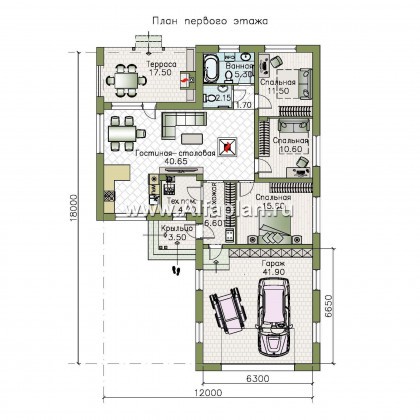 Проекты домов Альфаплан - «Калисто» - проект одноэтажного дома,  в скандинавском стиле, с гаражом на 2 авто - превью плана проекта №1