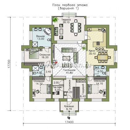 Проекты домов Альфаплан - «Аккорд» - просторный одноэтажный дом с симметричными фасадами - превью плана проекта №1