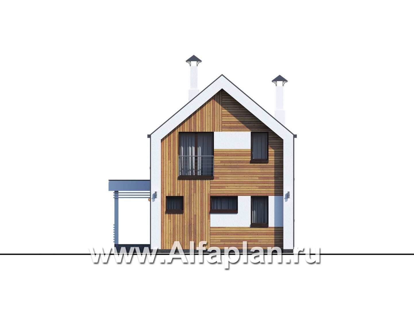 Проекты домов Альфаплан - «Барн» - современный мансардный дом с боковой террасой и балконом - изображение фасада №1