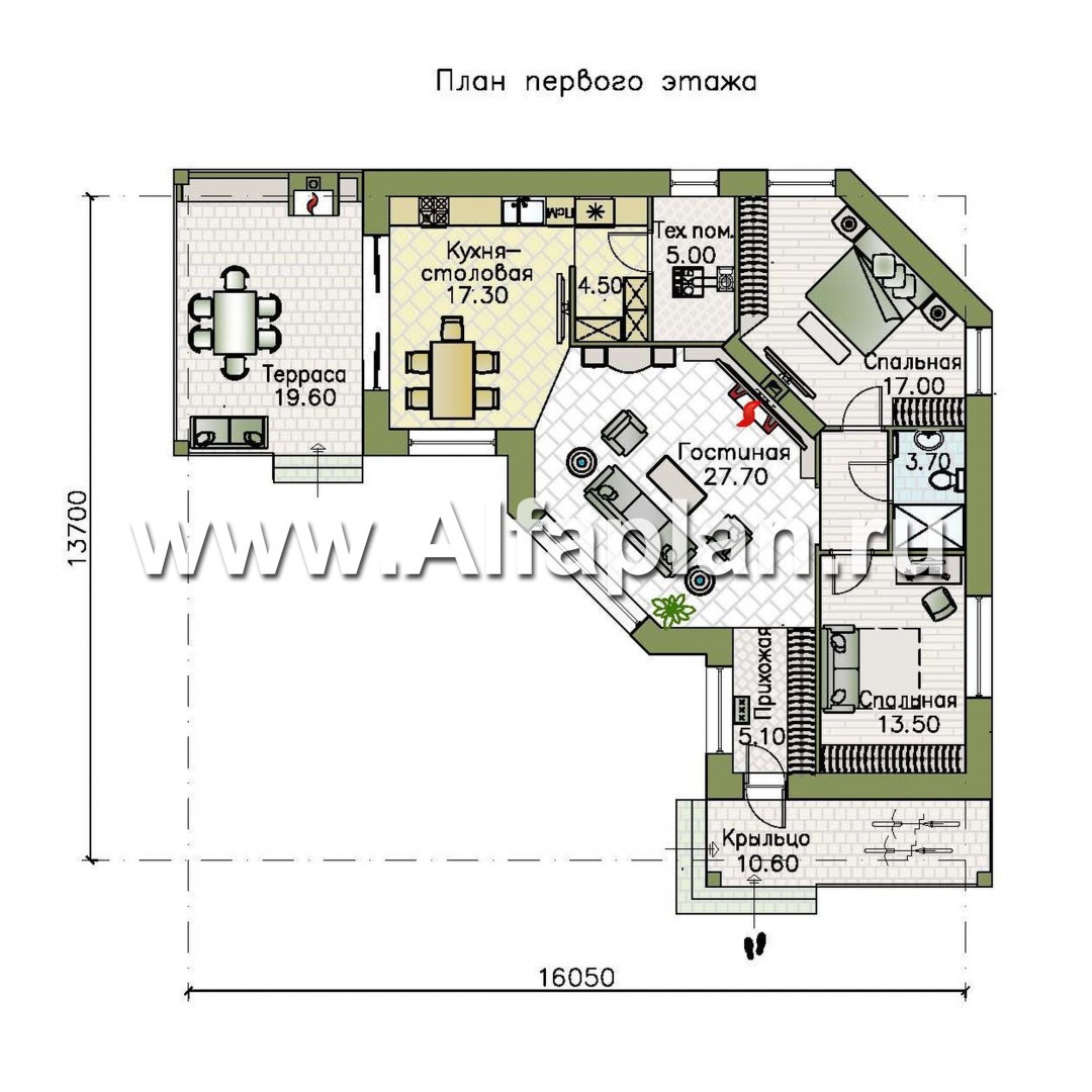 Проекты домов Альфаплан - "Ореол" - проект углового одноэтажного дома с террасой - план проекта №1
