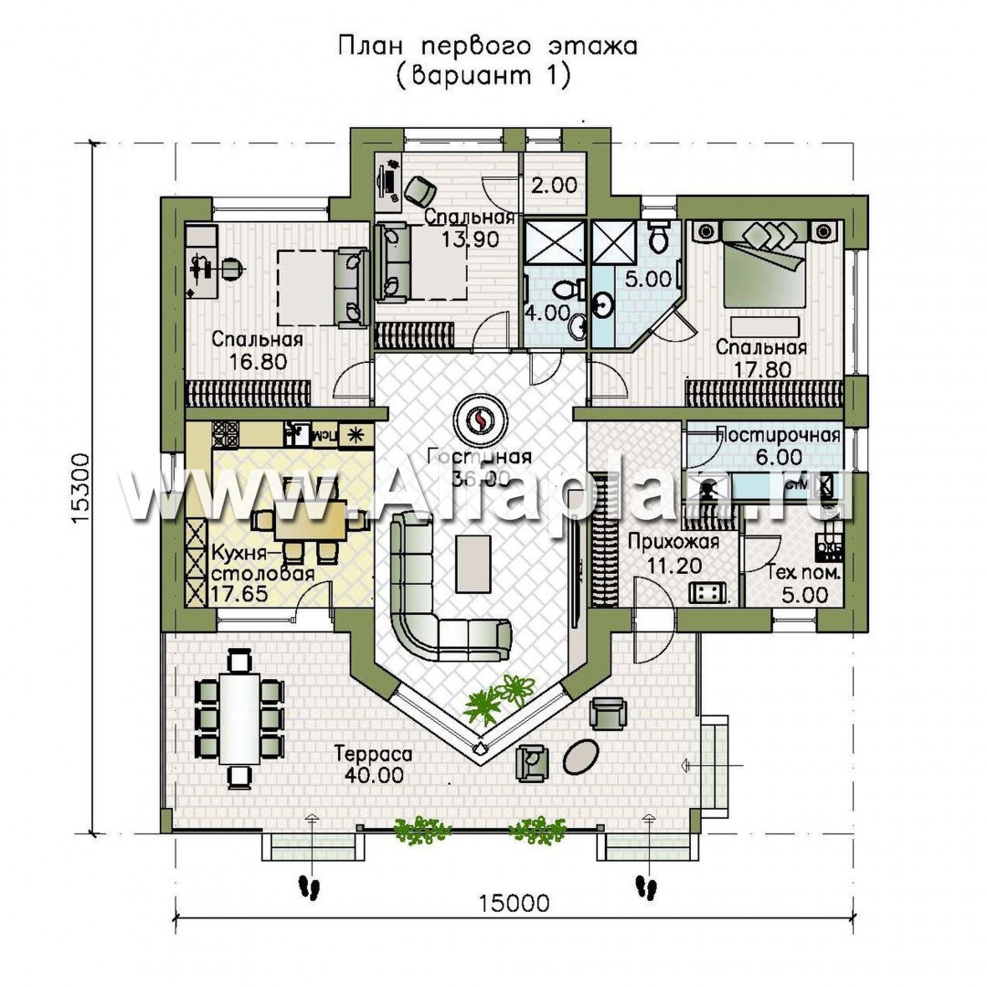 Проекты домов Альфаплан - «Вектор» - одноэтажный дом с большим остеклением гостиной - план проекта №1