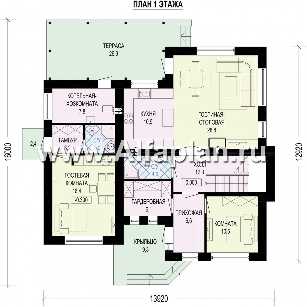 Проект двухэтажного дома из газобетона или кирпича, с террасой и гостевой квартирой - план дома