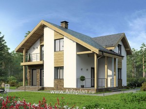 Проекты домов Альфаплан - Проект современного мансардного кирпичного дома - превью основного изображения