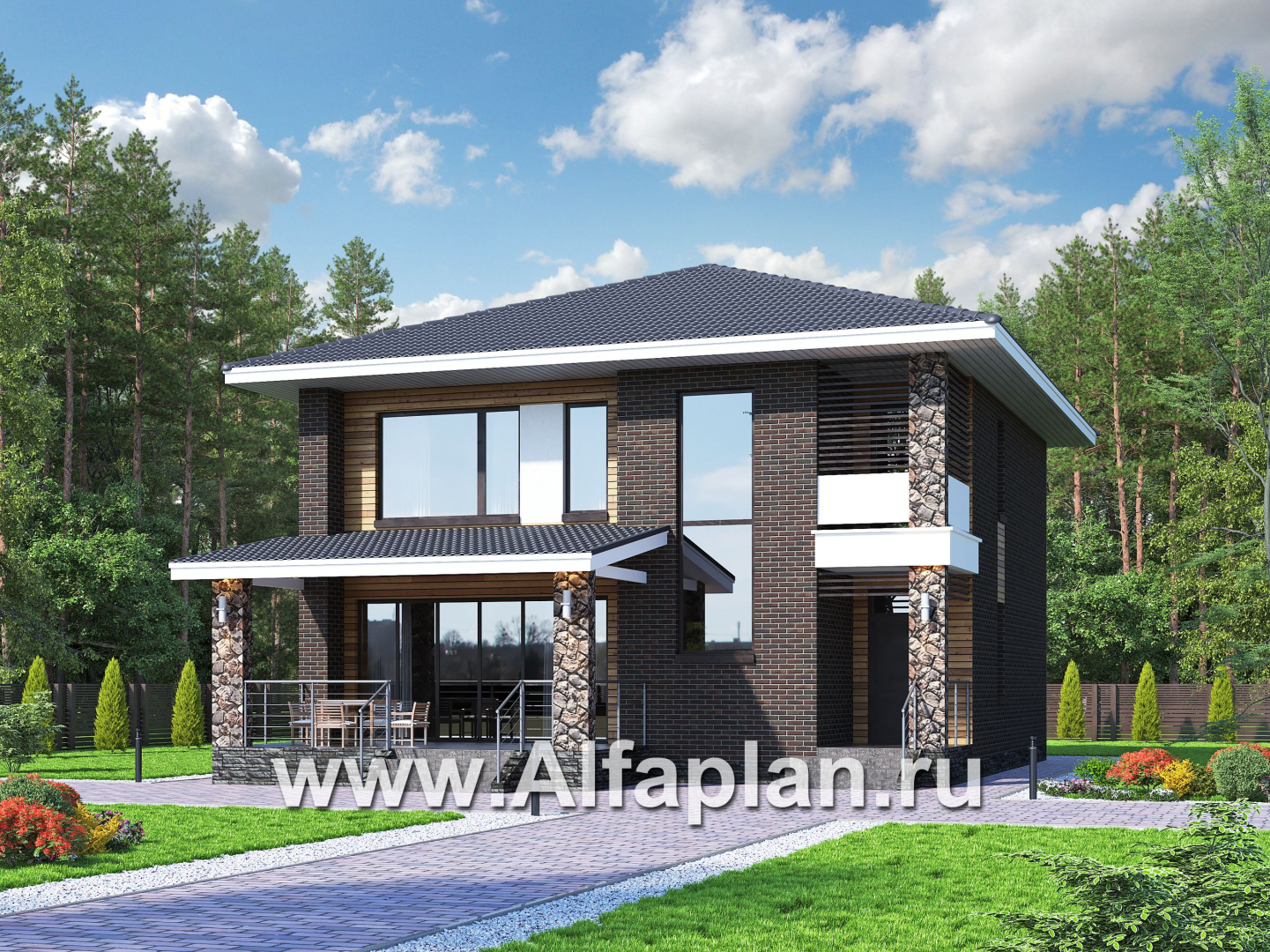 «Эрго» - проект дома 10х10м, планировка с террасой со стороны входа, с удобной планировкой - дизайн дома №1