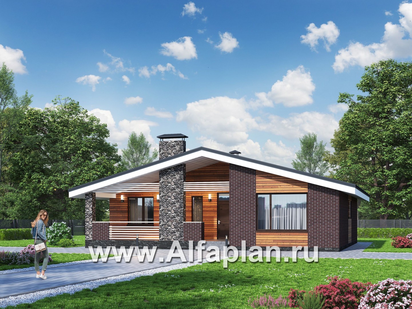Проекты домов Альфаплан - «Веда» - проект одноэтажного дома с двускатной кровлей (три спальни) - основное изображение
