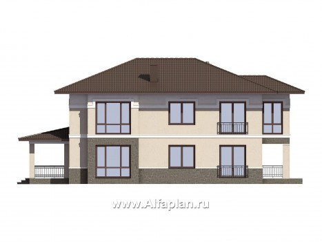 Проект двухэтажного дома из газобетона, планировка с гостевой и спальней на 1 эт, с террасой, в современном стиле - превью фасада дома