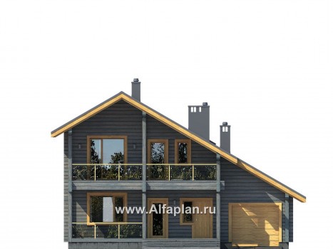 Проекты домов Альфаплан - Проект деревянного загородного дома с гаражом - превью фасада №1