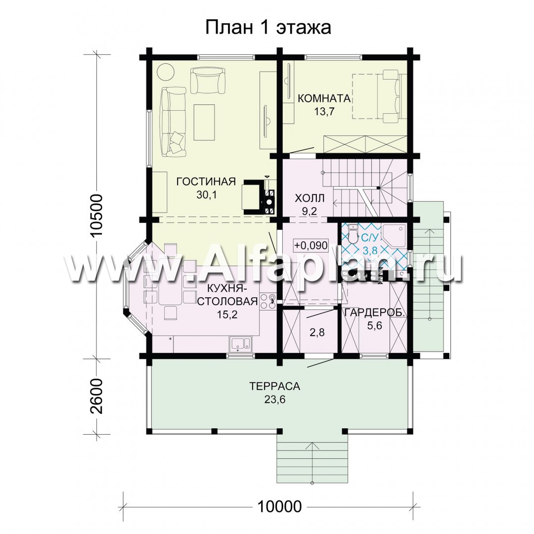 Проекты домов Альфаплан - Проект компактного деревянного дома с цоколем - изображение плана проекта №2
